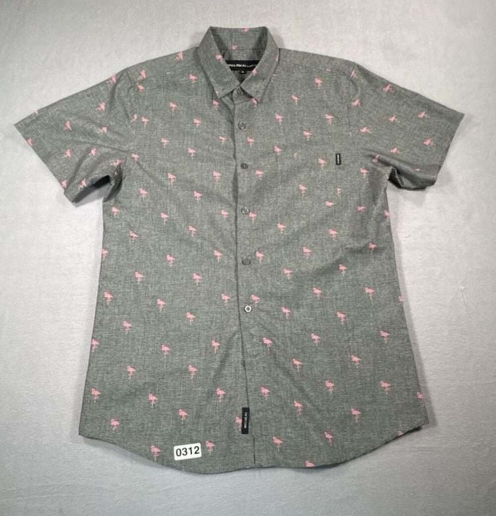 Molokai Surf Co. Men's Short Sleeve Button-Down Shirt Grey with Pink Flamingo Pr